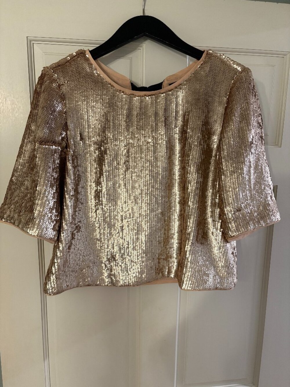 J.Crew Retail Champagne Sequin Top | 3/4 Sleeve Party Holiday | Size 8p